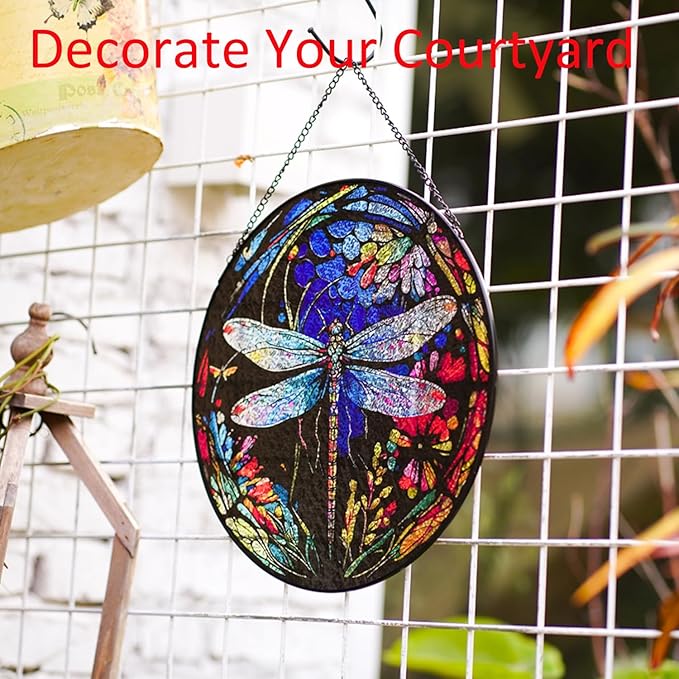 Hanging Stained Glass for Windows,20cm/7.87inch Dragonfly Hand-Painted Sun Catcher Garden Hangings Christmas Mother's Day, Valentine's Day Ornaments Festival Gift (A Style)