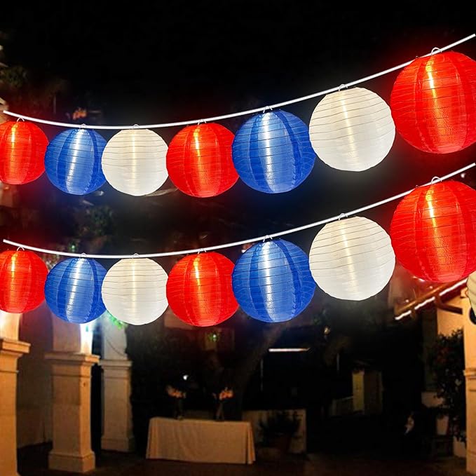 25FT Red White Blue Lantern String Lights Plug in, Large Lantern 4th of July Decor Lights with 10 G40 LED Bulbs, Chinese Hanging Outdoor Patio Lanterns for Independence Day Memorial Patriotic Party