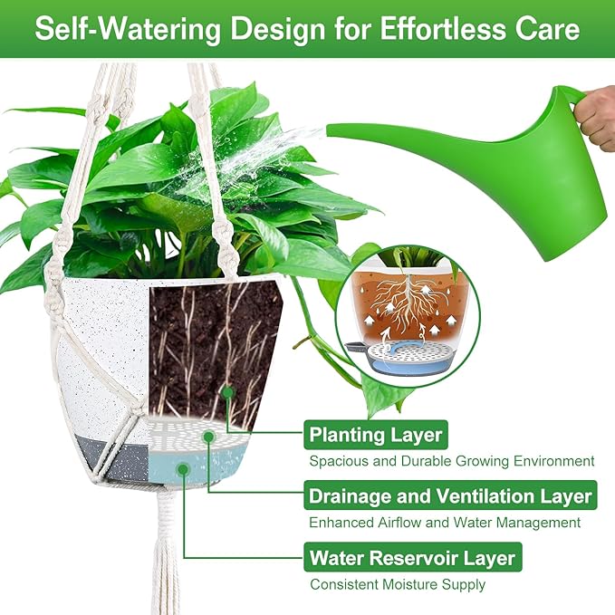Hanging Planters for Indoor Plants with Self-Watering Hanging Pots for Plants, 2 Pack Macrame Hanging Plant Holders with Drainage Hole & Two Ceiling Hooks, Plant Hangers for Houseplants (7 Inch)