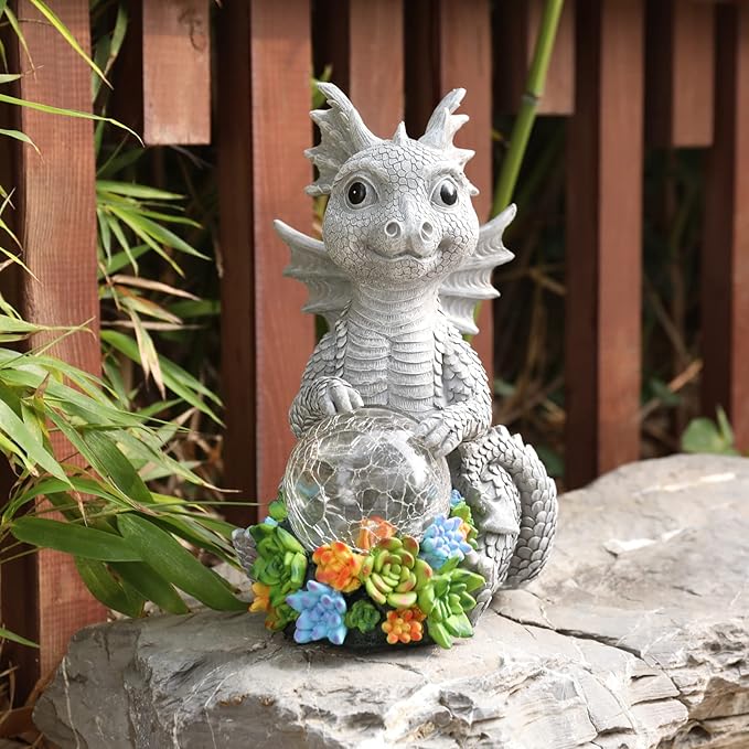 Garden Dragon Statue Outdoor Decor, Large Dragon Figurine with Solar Crackle Globe Light Yard Art Decoration Resin Ornament for Indoor Home Outdoor Patio Lawn Gift