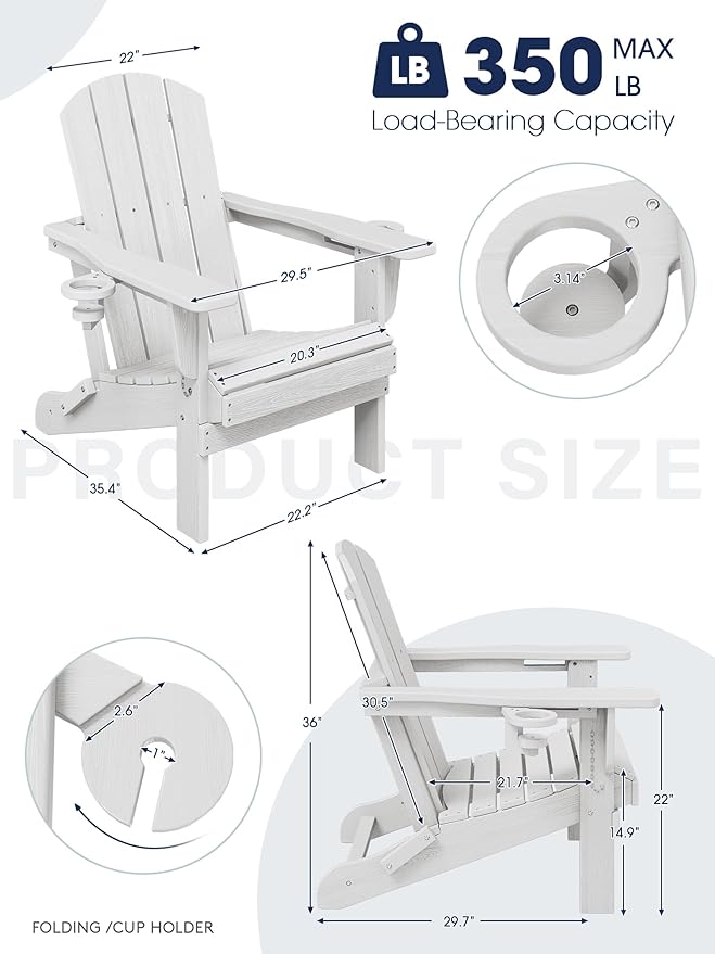 KINGYES Folding Adirondack Chair with Dual Cup Holders - HDPE All-Weather Outdoor Chairs, Wood-Like Patio Chair for Backyard, Camping, Pool & Fire Pit, White