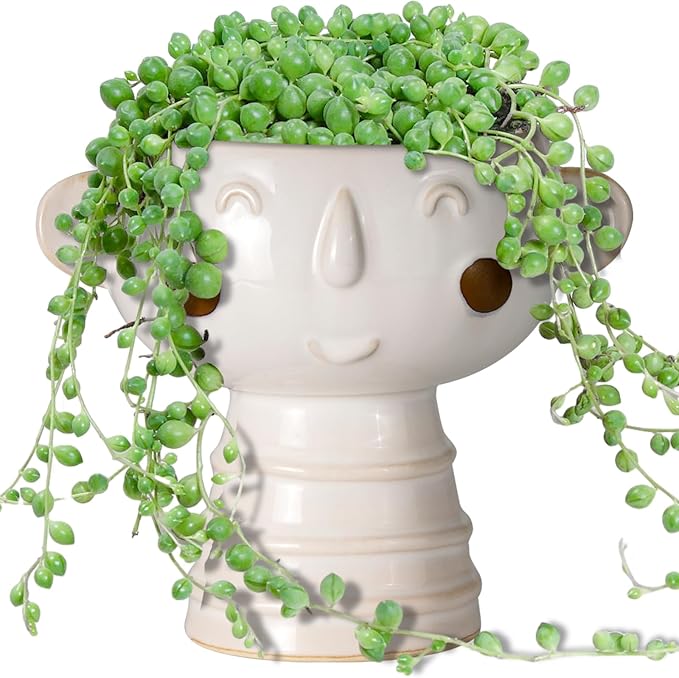 Head Planter for Indoor Plants - 7 Inch Ceramic Face Planter, Cute Succulent Pot with Drainage Hole, Indoor Outdoor Flower Plant Pot, Home Garden Decor, Gift for Plant Lovers, White