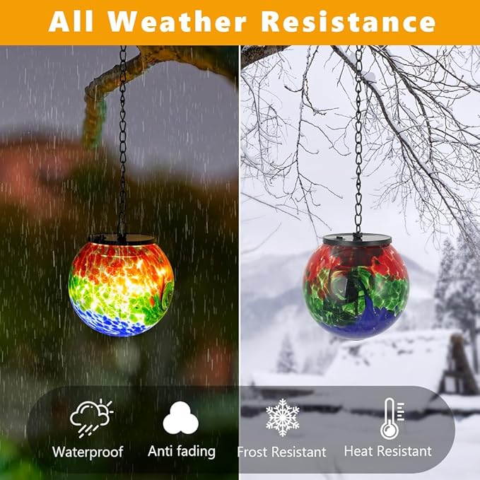 Hanging Solar Lanterns Outdoor Waterproof, Hanging Glass Solar Lantern with Hook, Gazing Ball Lantern Decor for Tree Yard Patio
