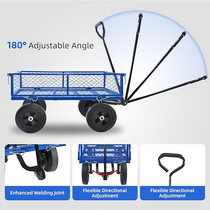 Heavy Duty 480 Lbs Capacity Mesh Steel Garden Cart Folding Utility Wagon with Removable Sides (Blue)