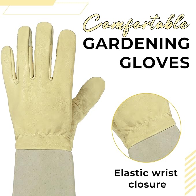 HANDLANDY Rose Pruning Gardening Gloves for Men Women, Thorn Proof Forearm Protection Leather Garden Gloves, Gardening Gifts for Gardeners (Beige- Goatskin, X-Large (Pack of 1))