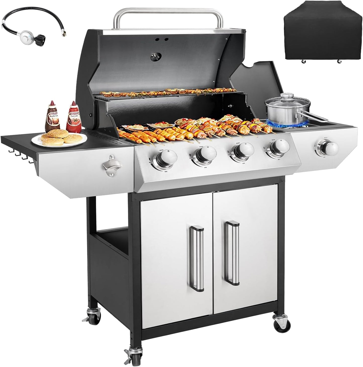 4-Burner Propane Gas BBQ Grill with Side Burner, Barbecue Gas Grill with Enameled Cast Iron Grates for Outdoor Patio Garden Barbecue, 53,000 BTU, with Stainless Steel Grill Cover