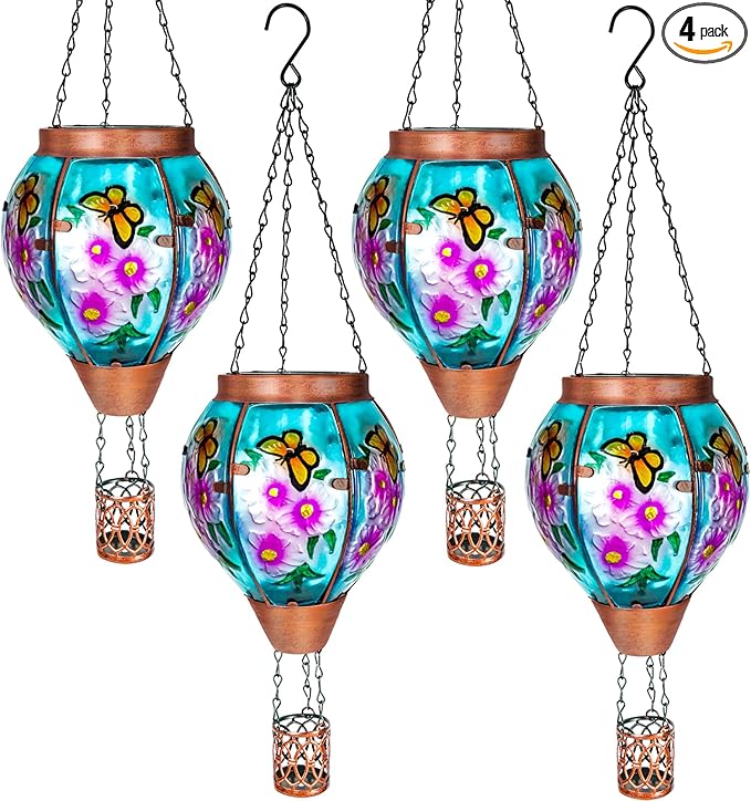 4 Pack Solar Hot Air Balloon Lantern with Flame， Butterfly Glass Outdoor Solar Lanterns for Outside Hanging Farmhouse Patio Pathway Decor, Butterfly Gifts for Women Grandma Mom - Butterfly