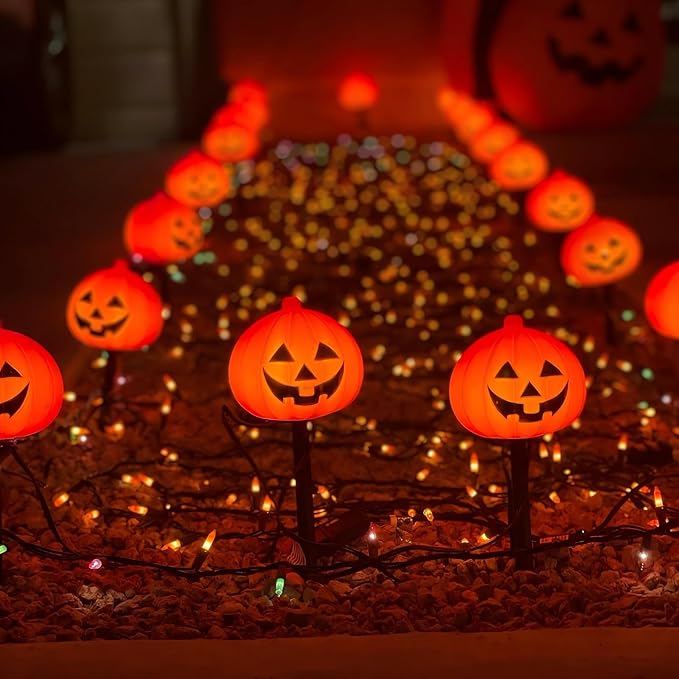 4 Pack Halloween Pumpkin Pathway Lights - 7Ft Outdoor Decorative String Lights with 4 Jack-O-Lantern Stake Lights for Halloween Yard, Garden, Walkway, Party and Lawn Decorations, Waterproof