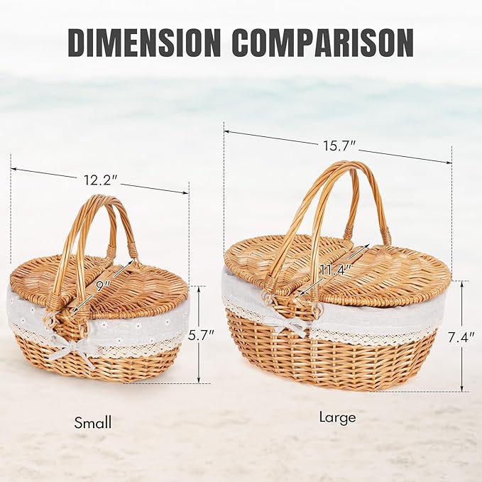 Happypicnic 12" Picnic Basket - Small Wicker Basket with Foldable Handle Lid & Removable Liner | Cute Picnic Basket Toy Empty for Kids, Gift, Halloween, Christmas, Valentines, Easter, Birthday, Flower