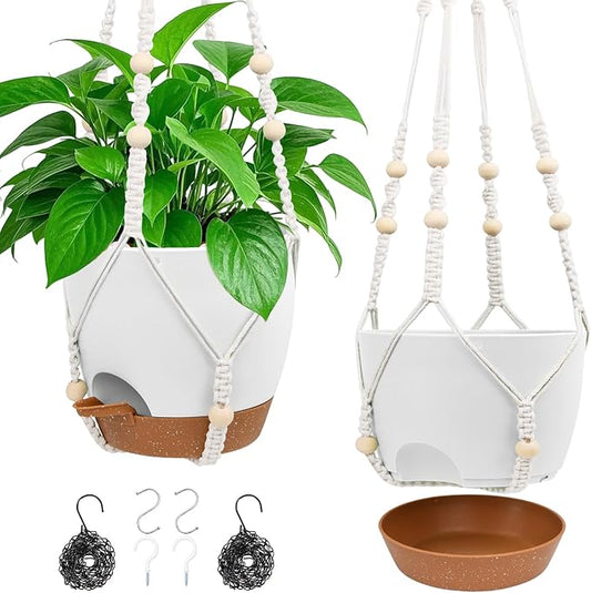 Hanging Planters for Indoor Outdoor Plants, 2 Pack Self Watering Hanging Pot with Drainage Holes, Removable Tray & 2 Kinds of Plant Hangers, 8'' Hanging Flower Pots for Home Garden Decor, White