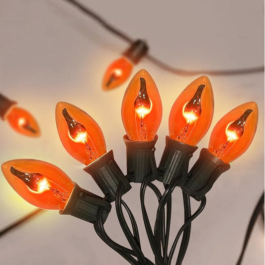 25Ft Orange C7 Christmas Lights Outdoor, Decorations With 27 Flicker Flame Bulbs, Vintage Flickering for Patio Garden Party Tree Decor - Black Wire