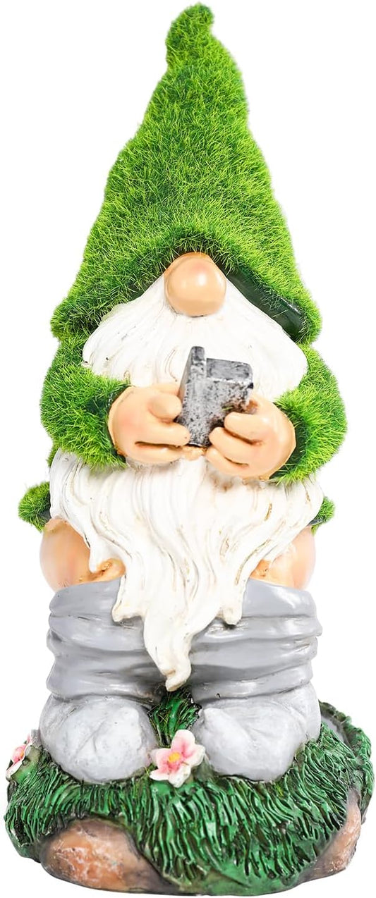 Garden Gnome Statues - Resin Gnome Figurine Sitting on Solar Crackle Glass Globe Lights, Funny Garden Gnome Ornament for Patio Yard Lawn Porch Outdoor Decor
