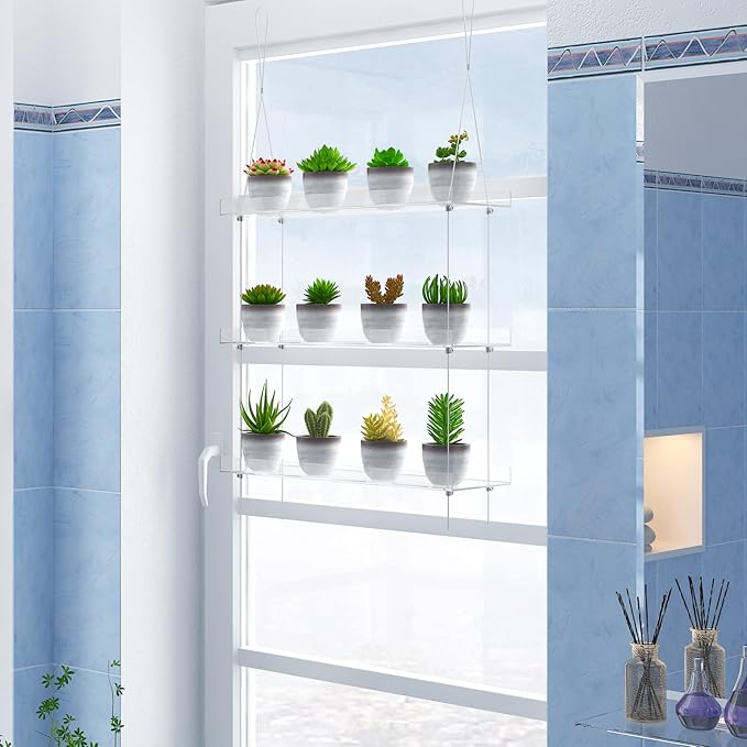 3-Tier Clear Hanging Window Plant Shelves 16In, Height Adjustable Acrylic , Indoor Windows Wall Hanging Plant Stand Flower Display, Flower Pot Organizer Storage for Grow Herbs, Microgreens, Succulents
