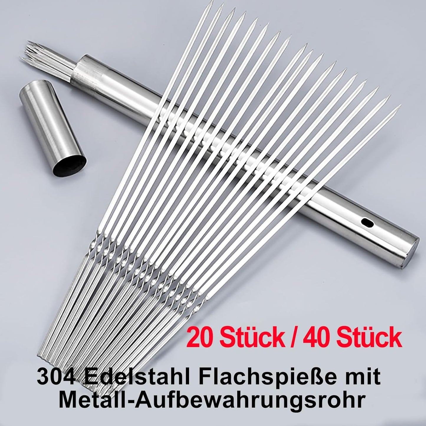304 Stainless Steel 13.2" Long Flat Barbecue Skewers,20PCS/40PCS BBQ Kebab Skewers with Portable Metal Storage Tube,Reusable for Grilling Barbecue Kitchen Party and Outdoor Cooking (20PCS)