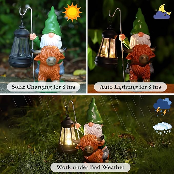 Garden Gnomes Outdoor, Highland Cow Decor, Gnome Garden Decor with Solar Lights, Gnomes Cow Decor for Outside, Gnomes Decorations for Yard, St Patricks Day Gnomes Decorations(Green)