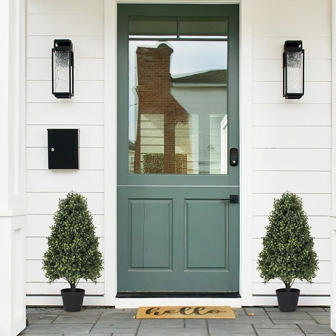 30" Boxwood Topiary Trees Artificial Outdoor Set of 2, UV Resistant Faux Plants for Front Porch Planters, Realistic Cone-Shaped Fake Bushes & Shrubs, 2.5ft Evergreen Decoration