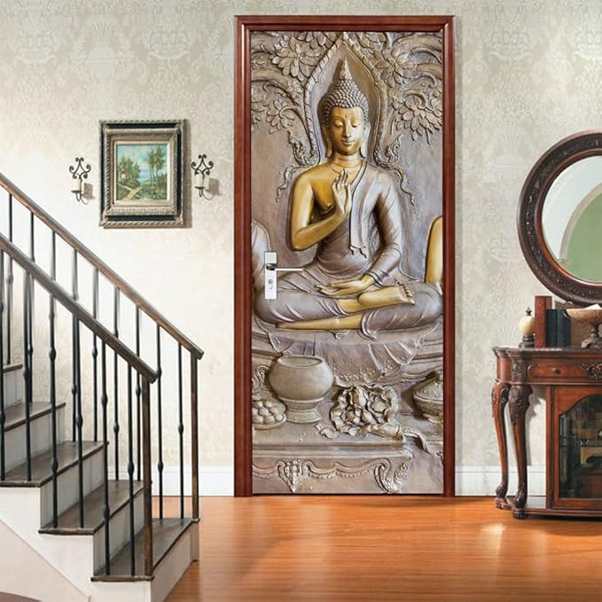 3D Door Stickers Murals Peel and Stick - Buddha Statue - Door Wallpaper Self-Adhesive Door Decals Removable PVC Waterproof Door Poster for Bedroom Living Room Door 37.4" x 78.7"