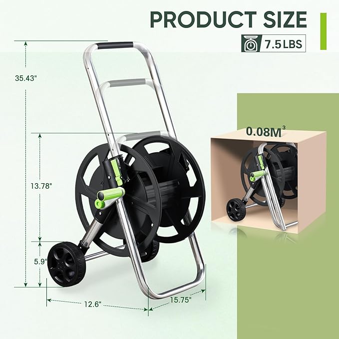 Garden Hose Reel Cart, Holds 75-150 Feet of 5/8-Inch Hose, Portable Hose Reel Cart With Wheels,Adjustable Handrail, Quick Hose Connector