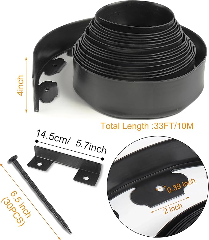 4 inch Tall Landscape Edging No Dig 33FT Garden Edging with 30 Spikes, Landscape Edging Border for Landscaping, Lawn, Flower Beds, Grass, Yard