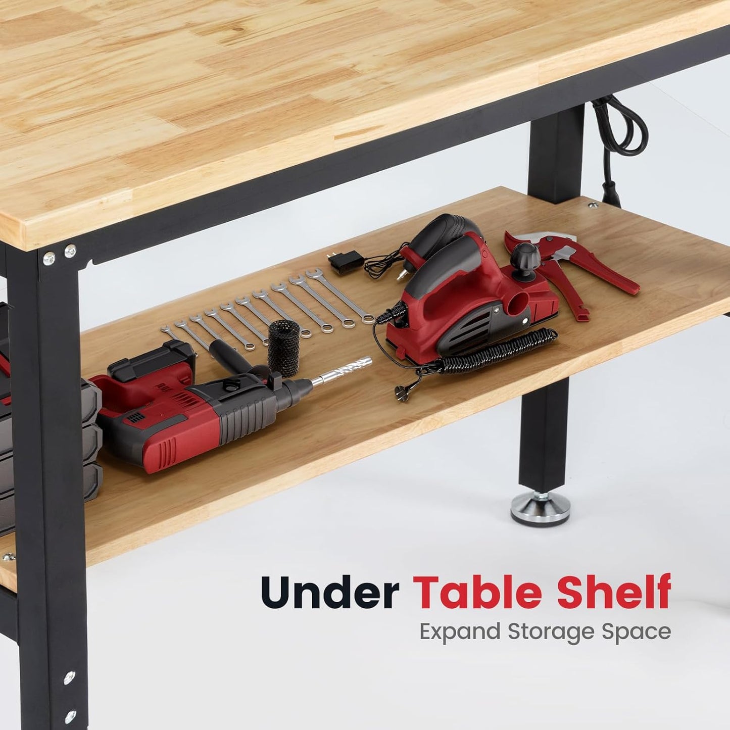 48 Inch Work Table for Garage Adjustable Height Rubber Wood Tabletop Workbench with Storage Work Bench Table with Power Outlets Pegboard Pad for Woodworking Shop Home Office