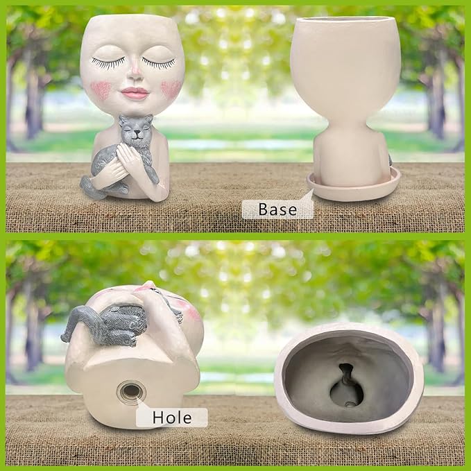 Head Planter with Drainage Hole, Resin Art Vase, Cute Lady Hugging Cat Succulent Flower Pots, Unique for Indoor Outdoor Decor, 7.28in