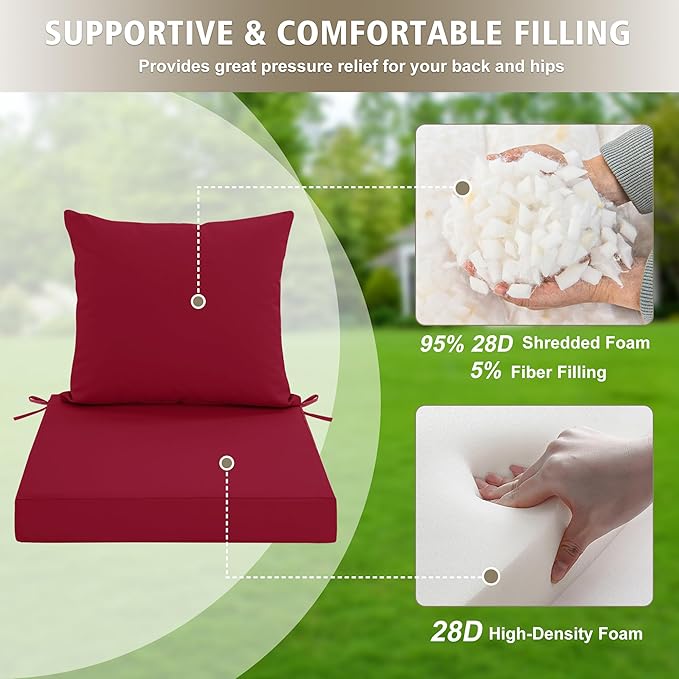 24x24 Inch Outdoor Cushions for Patio Furniture, Waterproof Outdoor Chair Cushions w/Fade-Resistant, Removable & Machine-Washable Covers, Deep Seat Sofa/Couch Pad Replacement – Set of 4, Burgundy