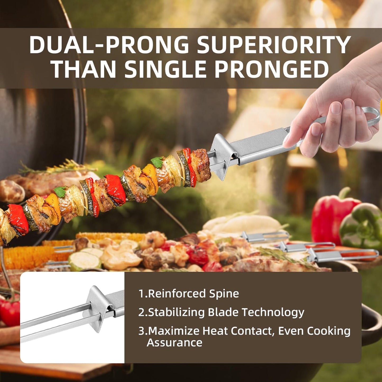 13inch 10(packs) Double Fork Flat Stainless Steel BBQ Skewers with Push Bar, Reusable Skewers for Grilling for Meat, Vegetable, BBQ Accessories