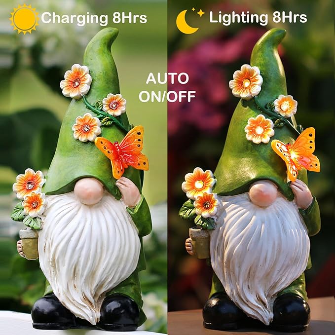 Garden Gnomes Statue Outdoor Decor,10.5" Resin Solar Garden Gnome Outdoor Statues, Funny Gnomes Gardening Gifts for Women,Bithday Gifts for Grandma