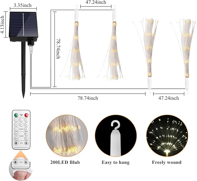 4 Pack Solar Firework String Lights 800 LED 8 Modes Waterproof Hanging Fairy Light, Starburst Light for Party Garden Decoration (Warm White)