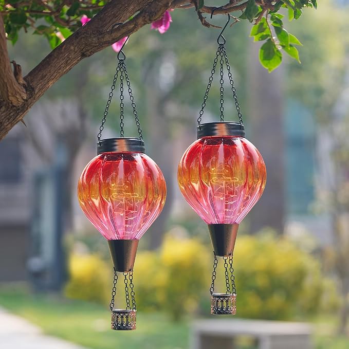 2PC Hot Air Balloon Solar Lantern Outdoor Waterproof, Gradient Orange Glass Balloon Lantern Lights, Hanging Solar Lights for Outside Patio Garden Tree Porch Yard Gift for Women Mom