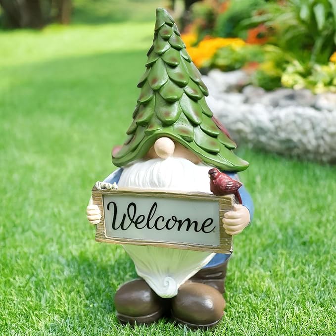 Garden Gnome Statue with Solar Lights, 13.5” Welcome Sign Gnome Outdoor Decor for Yard Lawn Patio, Funny Resin Gnome Sculptures, Gifts for Women Mom Grandma,Garden Decor Ornament