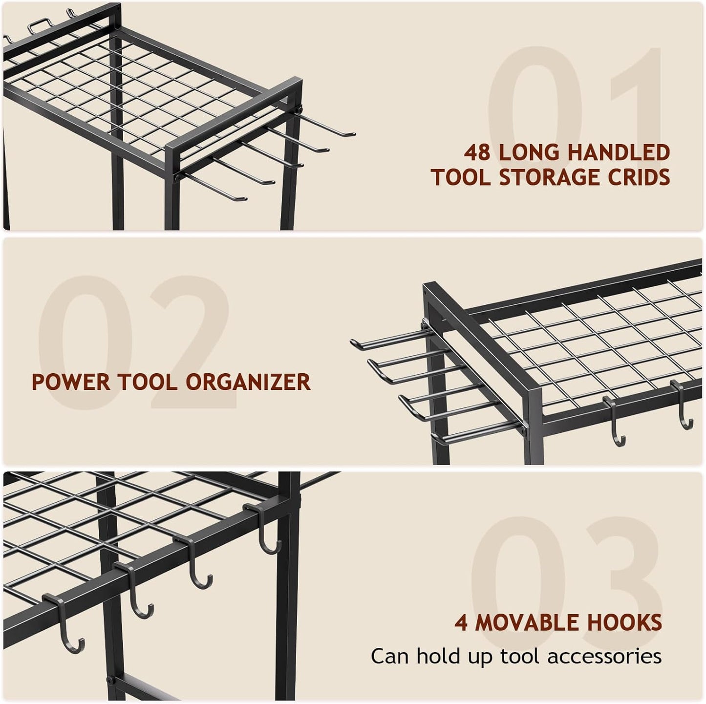 Garden Garage Tool Organizer - Yard Tool Organizer for Garage with 4 Hooks, Heavy duty Steel Garden Tool Rack Holds up to 48 Long Handled Yard tools for Storage