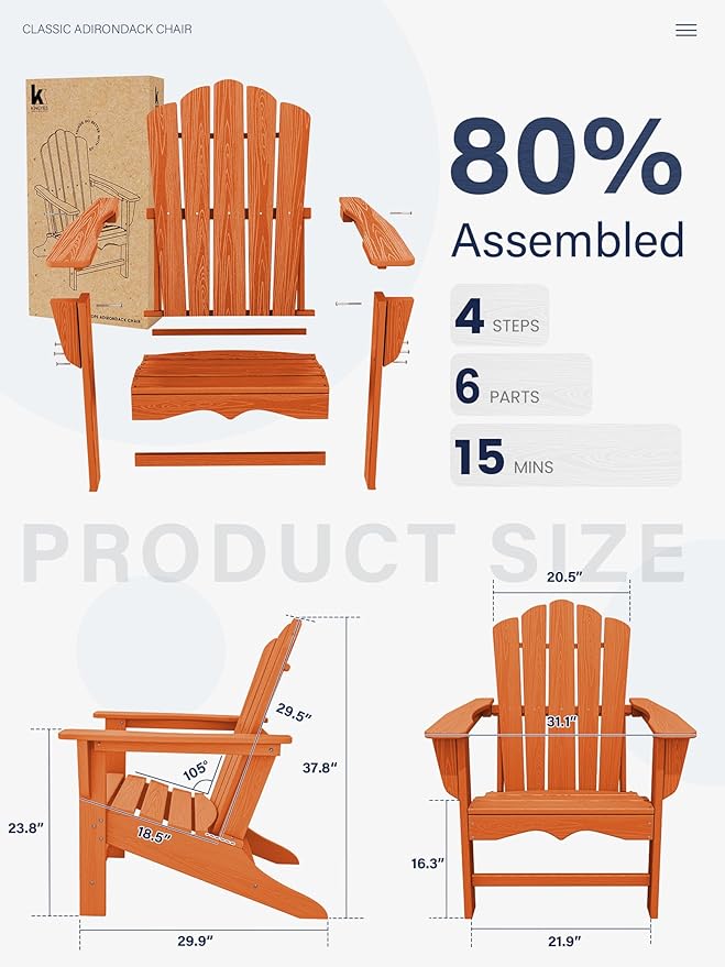 KINGYES HDPE Adirondack Chair, Classic All-Weather Adirondack Chair, Orange
