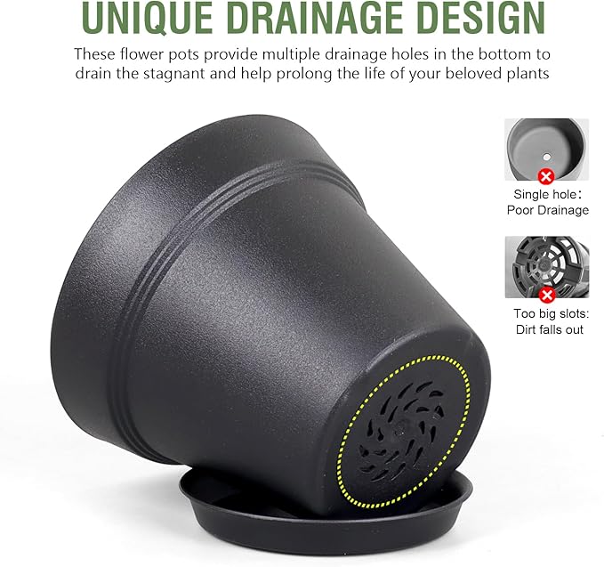 4 inch Small Plastic Nursery Pots, Seedling Pots - 16 Pack Plant Pots for Indoor & Outdoor Plants, Decorative Flower Pots with Drainage Holes and Saucers, Black