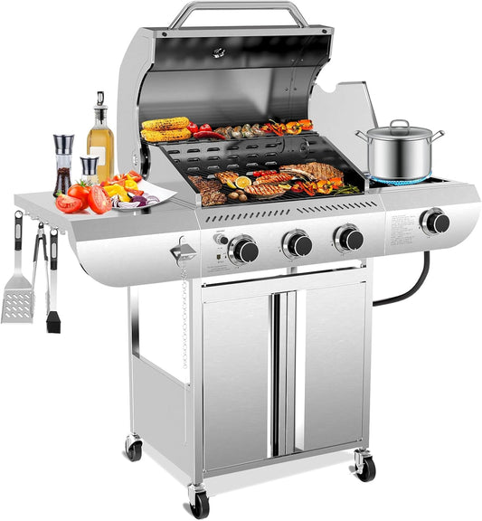3-Burner Propane Gas Grill with Side Burner – 34,000 BTU Stainless Steel Outdoor BBQ Grill, Cast Iron Grates, Portable with Wheels for Patio, Camping