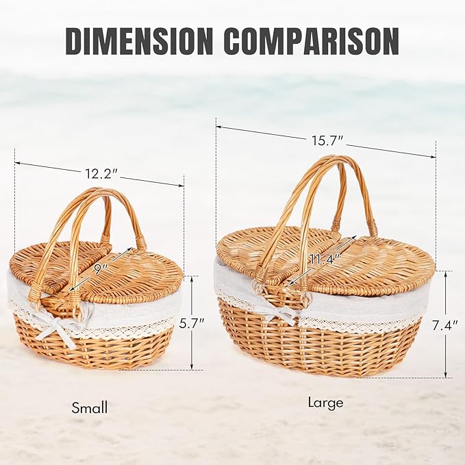 Happypicnic Wicker Picnic Basket with Handle, 15" Large Empty Picnic Basket with Lid & Removable Liner, Vintage Hand Woven Basket for Picnics, Camping, Veg Picking, Mother's Day, Thanksgiving (Solid)