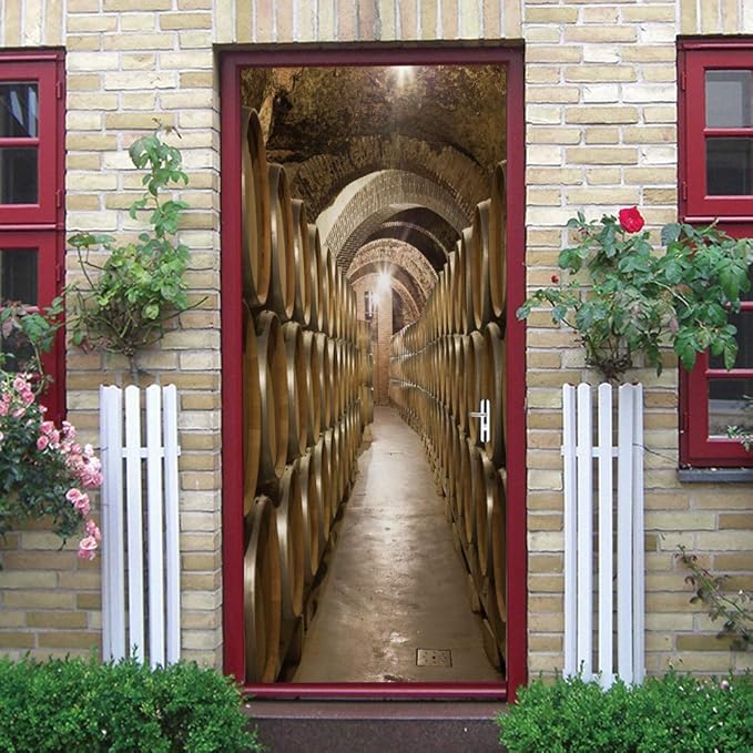 3D Door Stickers Murals - Peel & Stick Wine Cellar Theme - Removable PVC Waterproof Door Poster, 33.9" x 78.7" for Bedroom & Living Room