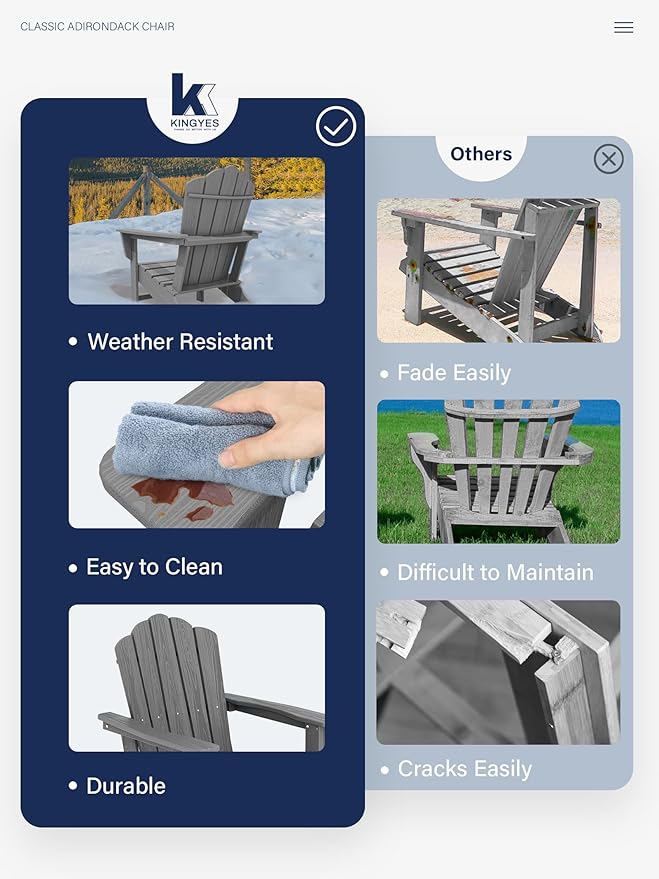 KINGYES HDPE Adirondack Chair Set of 8, Classic Oversize Adirondack Chair, Grey