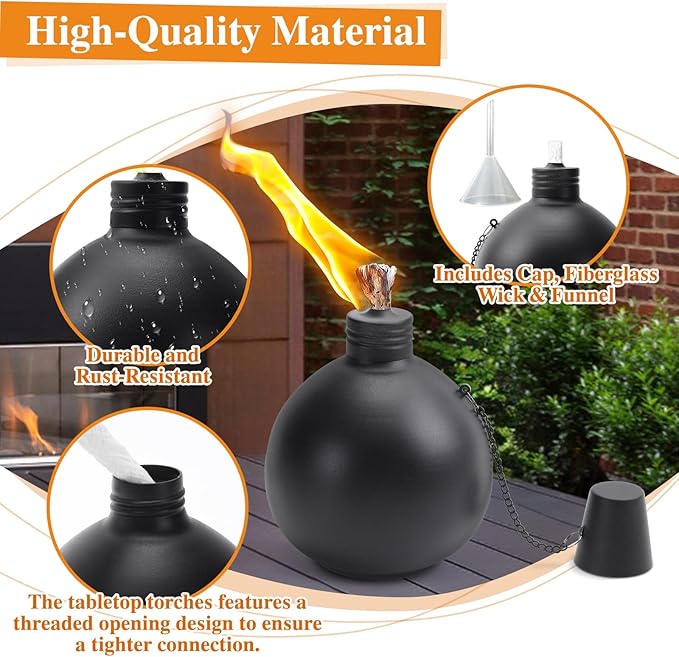 4 Pack Citronella Tabletop Torches, 25 oz Table Top Torches for Outdoor, Metal Oil Burner Candles, Garden Torches with Fiberglass Wick for Yard, Patio, Deck, Garden, Party, Landscape.