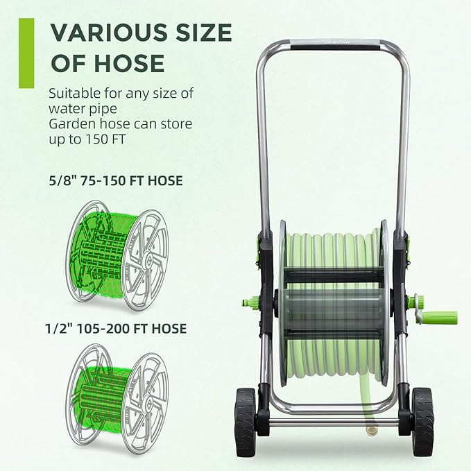 Garden Hose Reel Cart, Holds 75-150 Feet of 5/8-Inch Hose, Portable Hose Reel Cart With Wheels,Adjustable Handrail, Quick Hose Connector