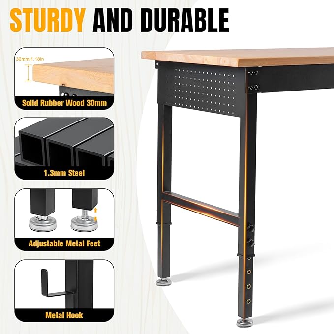 48" L×24”W Adjustable Workbench, 28”-40”Heights Heavy Duty Table 2000 LBS Load Capacity, Work Bench with Power Outlet & Pegboard, Rubber Wood Work Table for Garage, Office, Workshop, Home