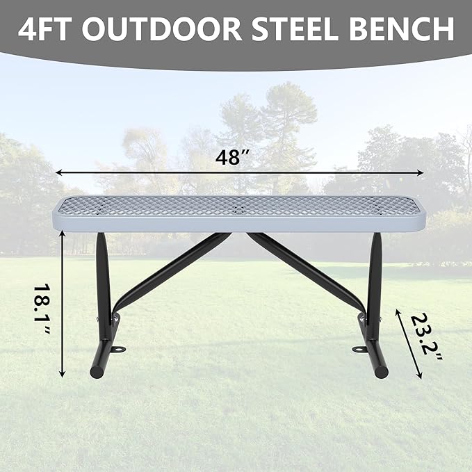 48" L Outdoor Steel Flat Bench, Heavy Duty Metal Park Bench for Outside, Expanded Metal, Commercial Benches Mesh Bench for Shopping Mall, Store, Lawn, Park, Patio, Deck, Garden (Grey, 4FT)