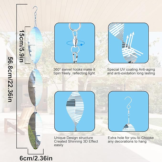 3 * 3 Stainless Steel Bird Scarer Discs Set, 3D Reflective Helix Wind Spinners Bird Reflector & Sparkly Metal Outdoor Garden Décor Sculpture Ornaments, Deterrent to Scare Pigeon Away Yard Patio Farm