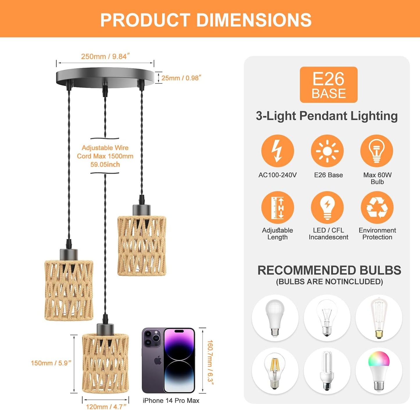 3 in 1 Farmhouse Hemp Rope Pendant Light - Rustic Hand-Woven Rattan Hanging Light Fixture for Kitchen Island,Dining Room,Bedroom- Wicker Cage Chandelier-Coastal/Nautical/Boho Style Lighting Fixture