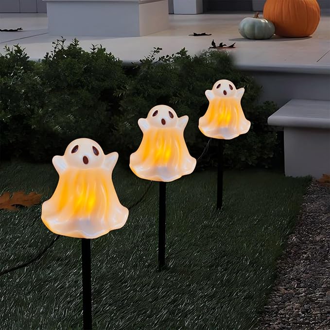 Halloween Ghosts Pathway Marker Lights, 7Ft C7 LED Outdoor Halloween Decorations String Lights Waterproof with 4 White Ghost Walkway Lights Plug in for Outdoor Halloween Party Garden Patio Garden Lawn