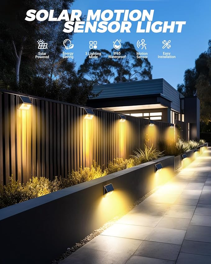 4 Pack Solar Fence Lights Waterproof, Motion Sensor Deck Outdoor, Warm White LED for Wall Yard Steps Stairs Garden - Brown