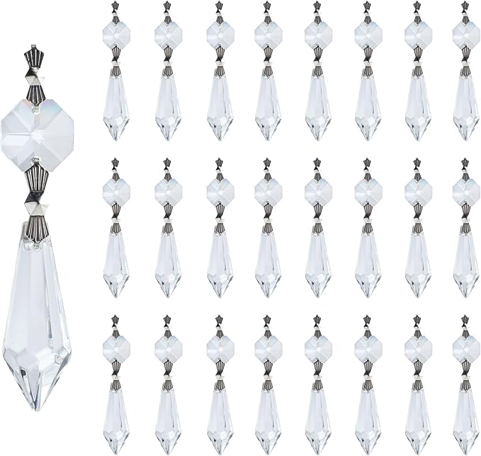 HDCRYSTALGIFTS 20Pcs 38mm Replacement Clear Chandelier Icicle Crystal Prisms Octogan Crystal Bead for Lamp Decor,Silver Bow Tie Connectors