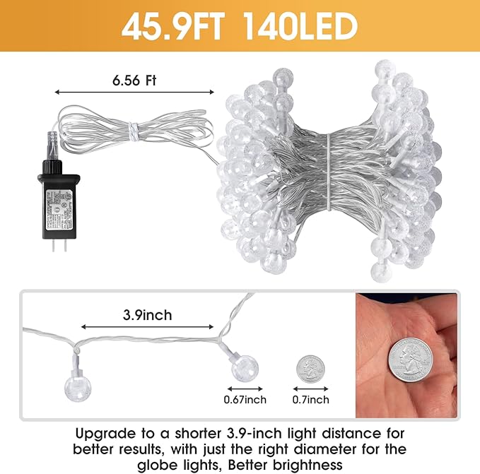 45.9ft 140LED Globe String Lights Outdoor,Crystal Fairy Light IP44 Waterproof Outdoor Hanging Decorative Lights for Home Tent Patio Garden Party Wedding Decor