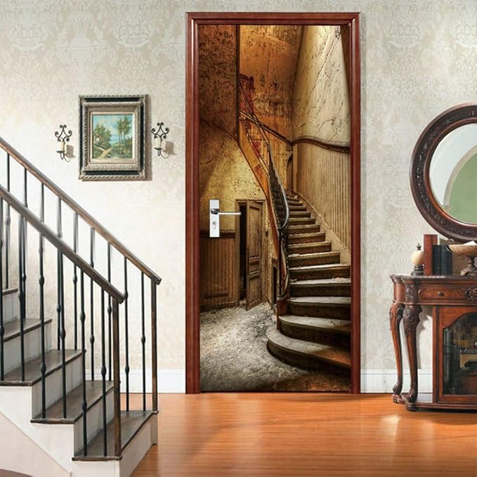 3D Peel and Stick Murals - Old Stairs - Wallpaper Self-Adhesive Decals - Removable PVC Waterproof Door Poster for Bedroom Living Room - 37.4 x 82.7 inch