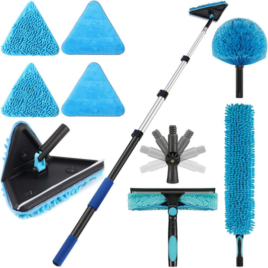 20 Feet High Ceilings Baseboard Wall Cleaner Mop with 12 Ft Extension Pole, Cobweb Duster, Window Cleaning Squeegee Kit (12ft)